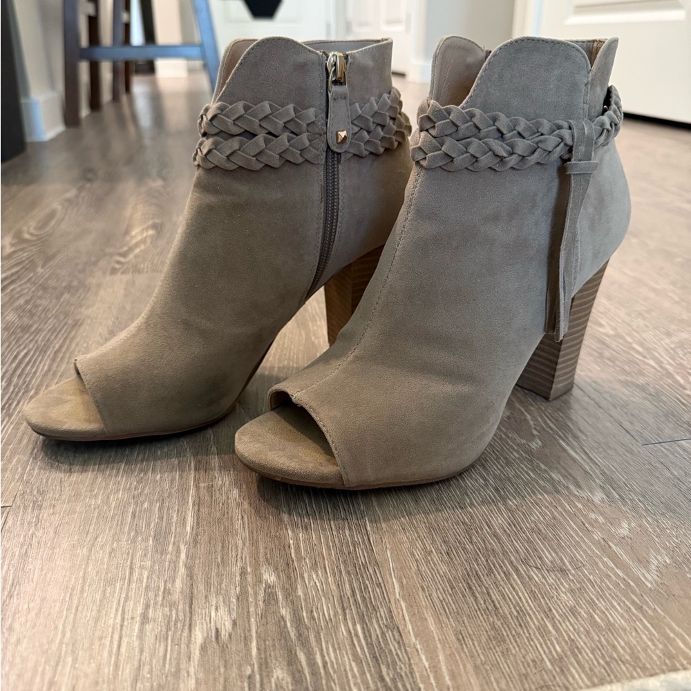 XOXO Taupe Peep-Toe Ankle Booties